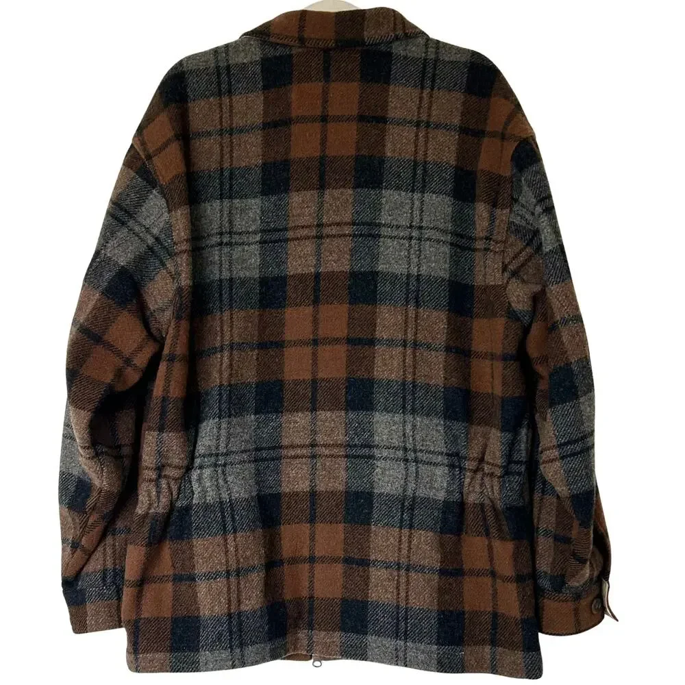 Vintage J.Crew Wool Plaid Zip Jacket Brown Gray Made in USA Mens L Unisex